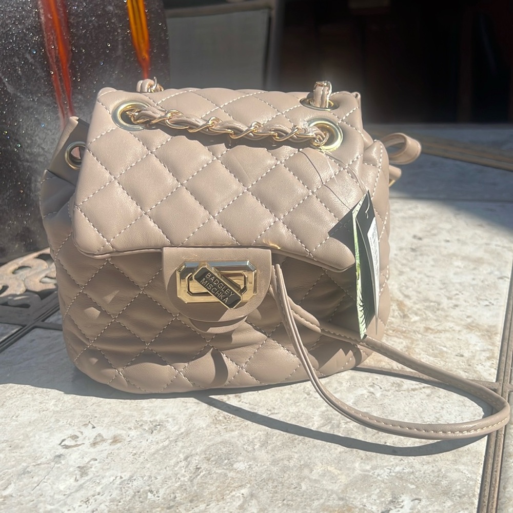 BADGLEY MISCHKA | Quilted TAUPE Drawstring Mini Backpack NWT